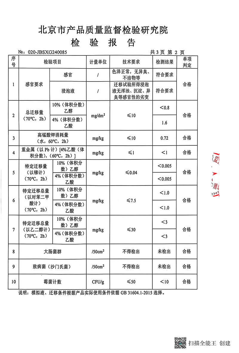 “PET杯盖”国家抽检合格报告
